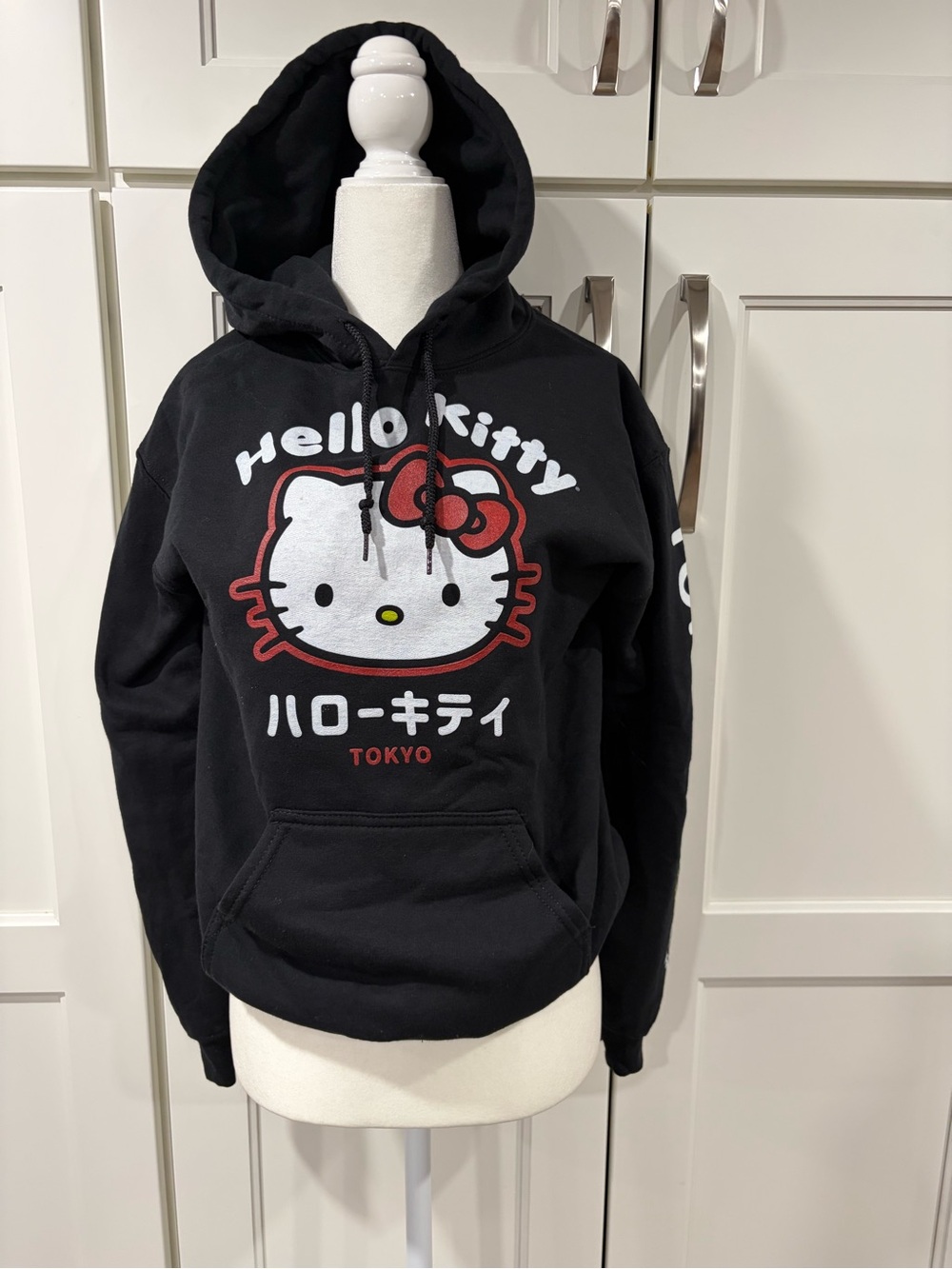 Hello Kitty Black Pullover Hoodie with Red Bow Accent